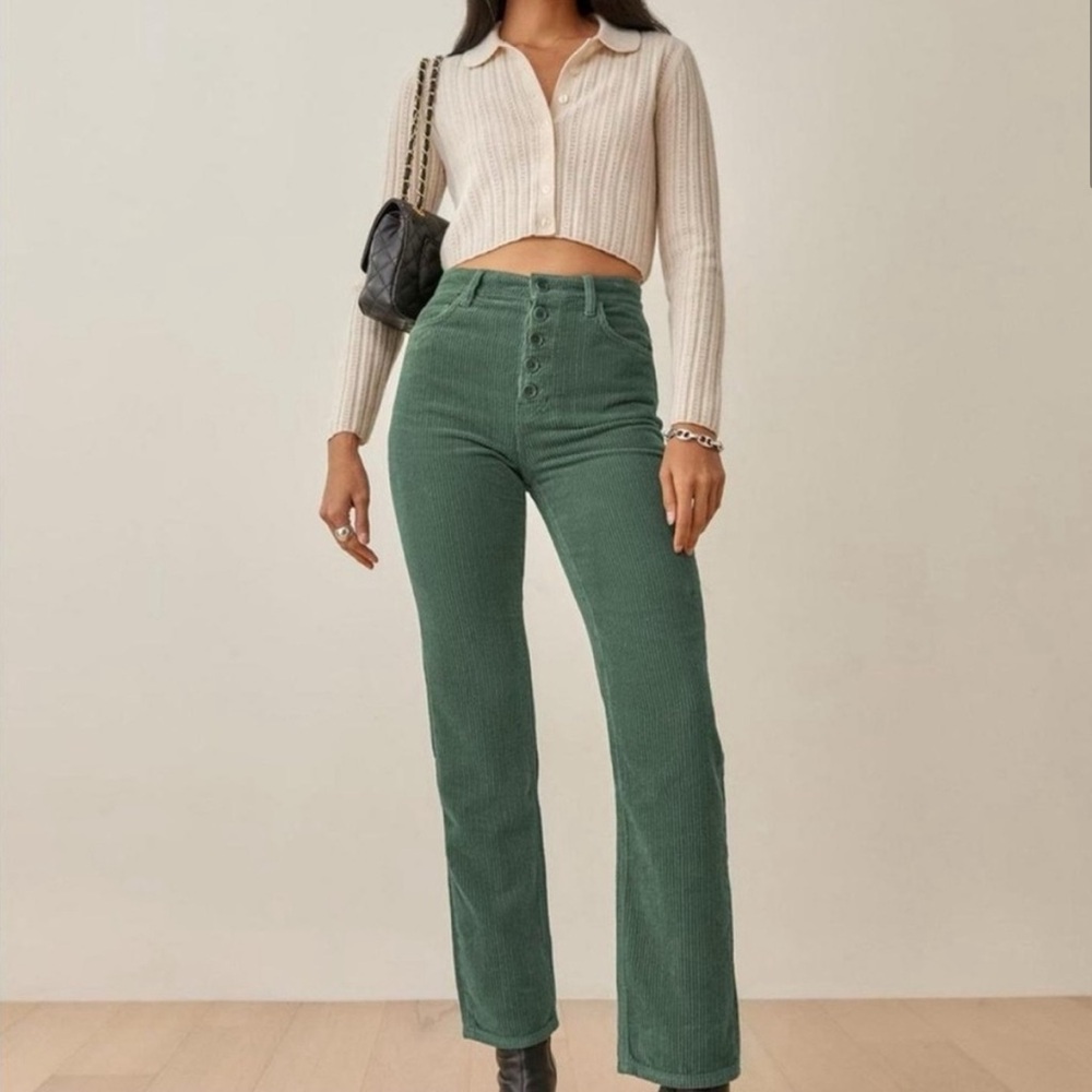 Reformation Jeans Cynthia Button Fly High Rise Corduroy Straight Pants in Moss
